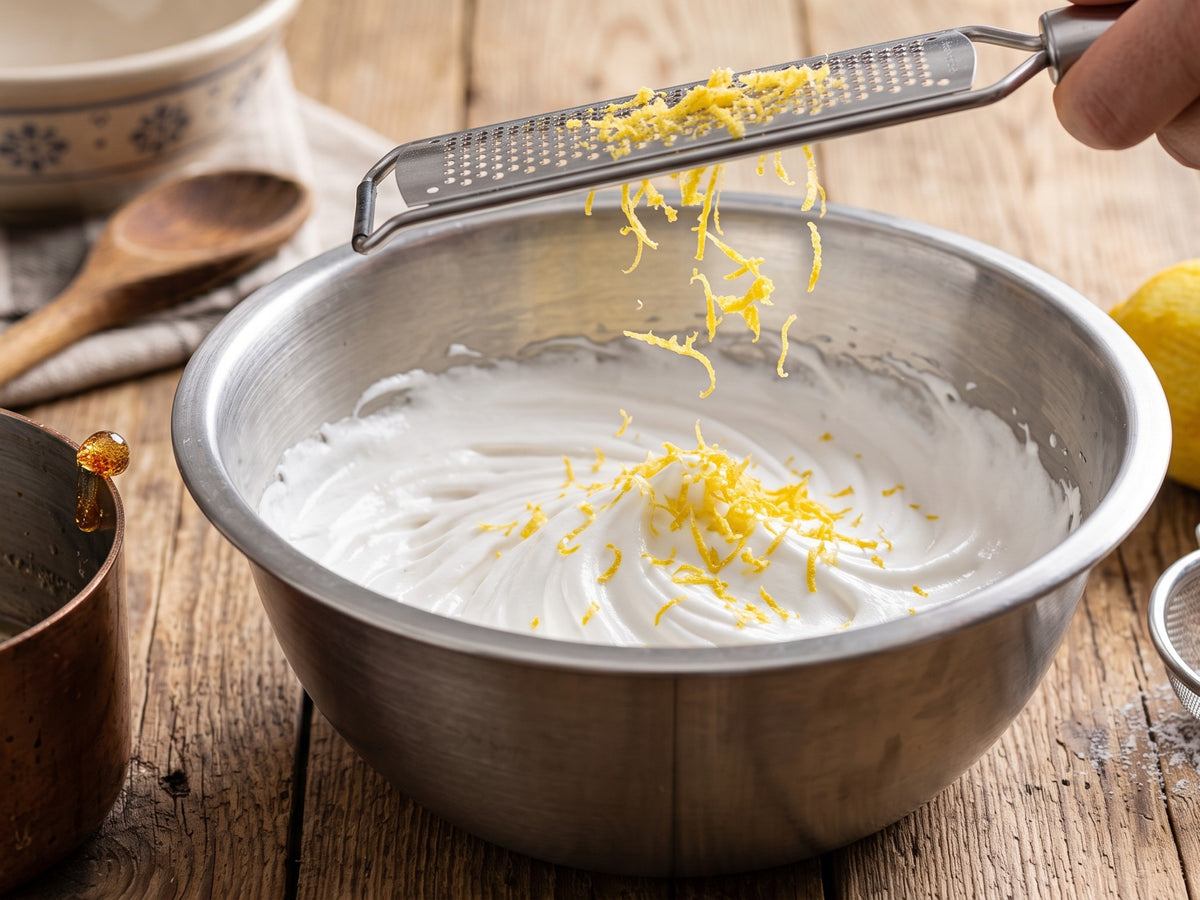 A zester grating fresh lemon zest over a mixing bowl filled with fluffy white meringue cream.