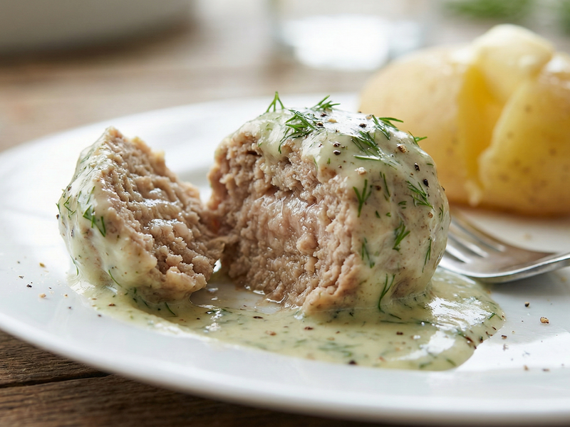 Meatball with creamy sauce on a plate with a blurred background | Cook & Keeper - Pulpety w sosie koperkowym