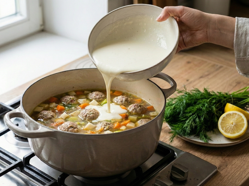 Person pouring cream into a pot of meatball soup on a stove | Cook & Keeper - Pulpety w sosie koperkowym