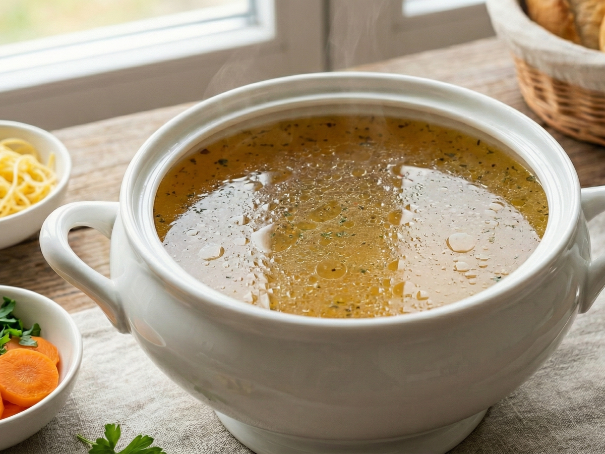 White ceramic bowl filled with hot soup on a wooden table with ingredients. | Cook & Keeper - rosol