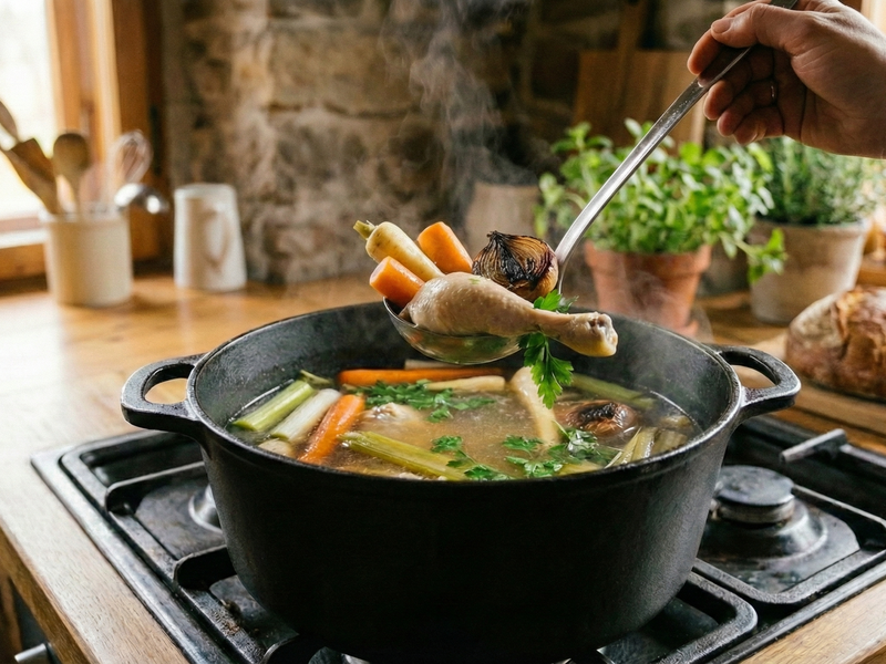 Person ladling soup from a pot on a stove with vegetables visible | Cook & Keeper - Rosol