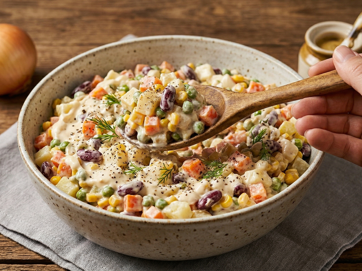 Vegetable salad with a wooden spoon in a speckled bowl on a wooden table.
