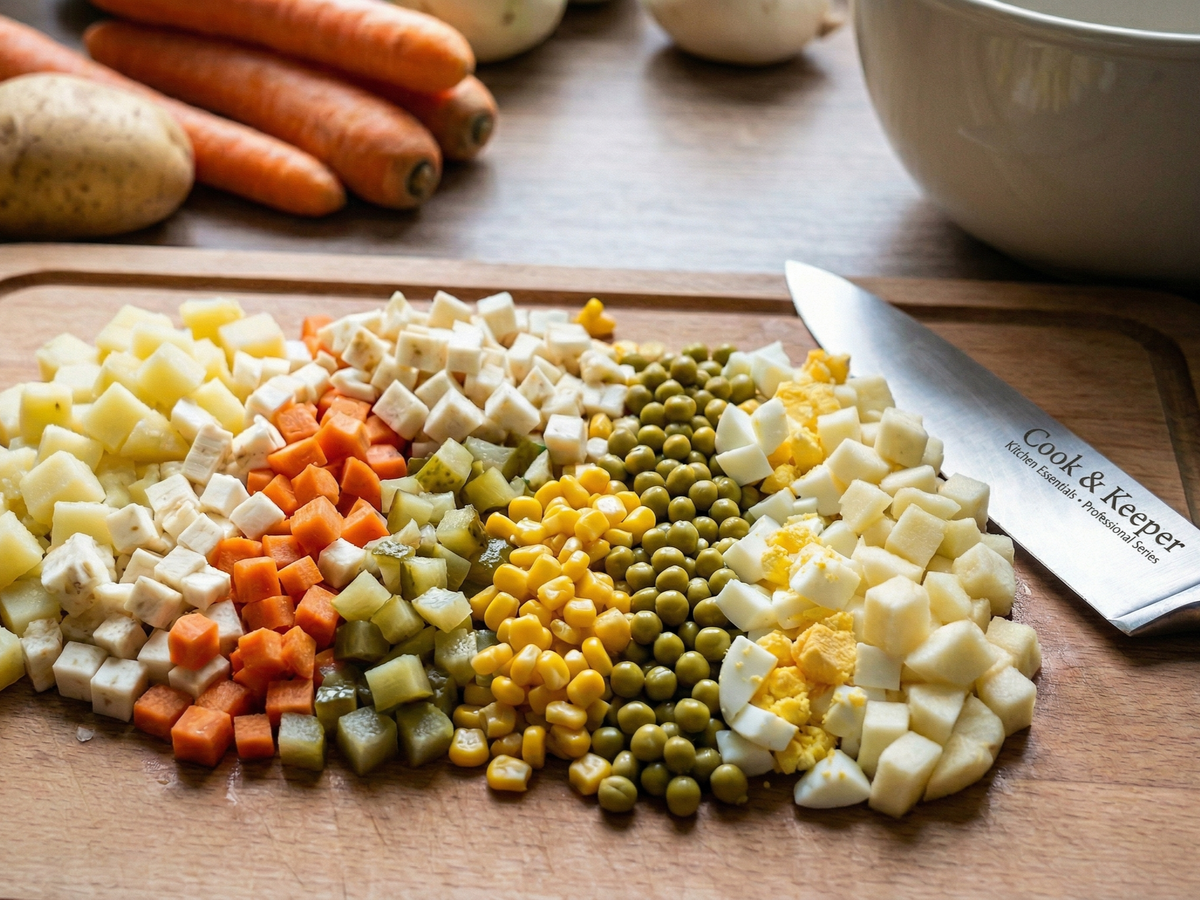 Diced vegetables on a wooden cutting board with a knife, including carrots, potatoes, and peas.