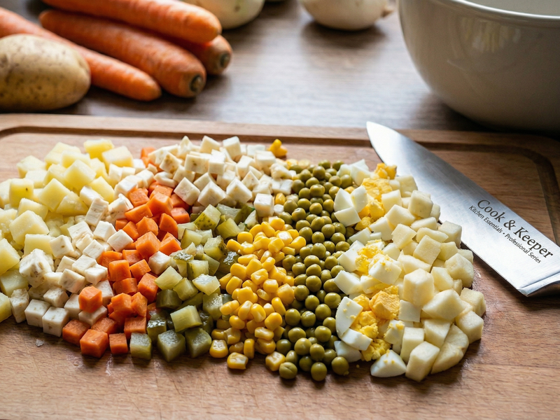 Diced vegetables on a wooden cutting board with a knife, including carrots, potatoes, and peas.