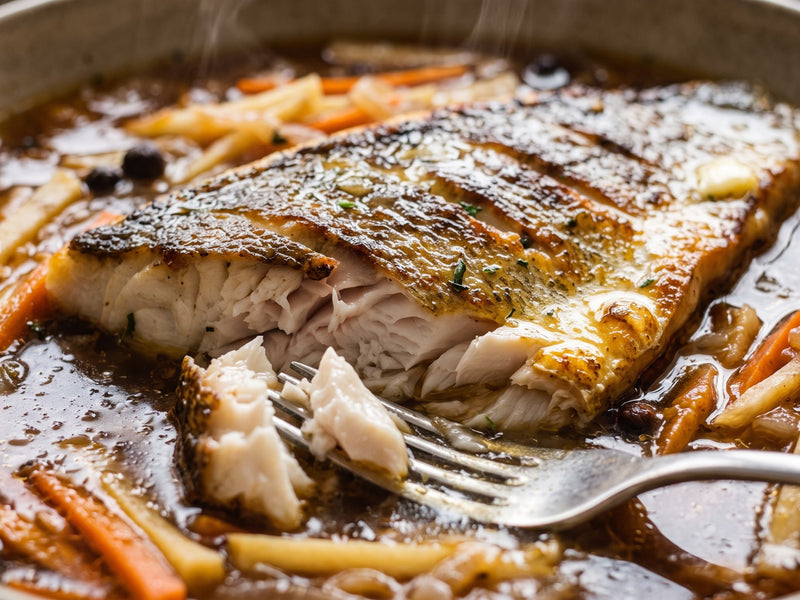 A close-up view of a fork flaking tender white fish meat from a pan-seared zander fillet submerged in a steaming, dark beer broth with julienned carrots and whole spices.
