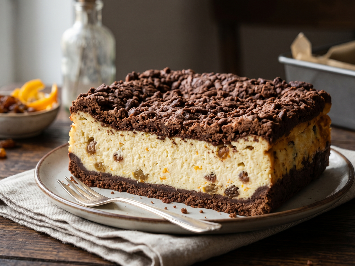 Slice of chocolate chip cookie dough cheesecake on a plate with a fork, set against a blurred background.