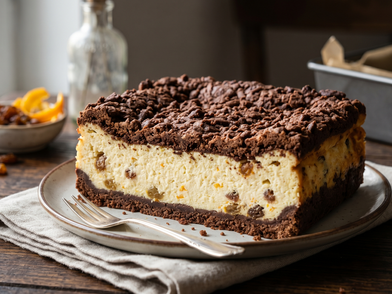 Slice of chocolate chip cookie dough cheesecake on a plate with a fork, set against a blurred background.