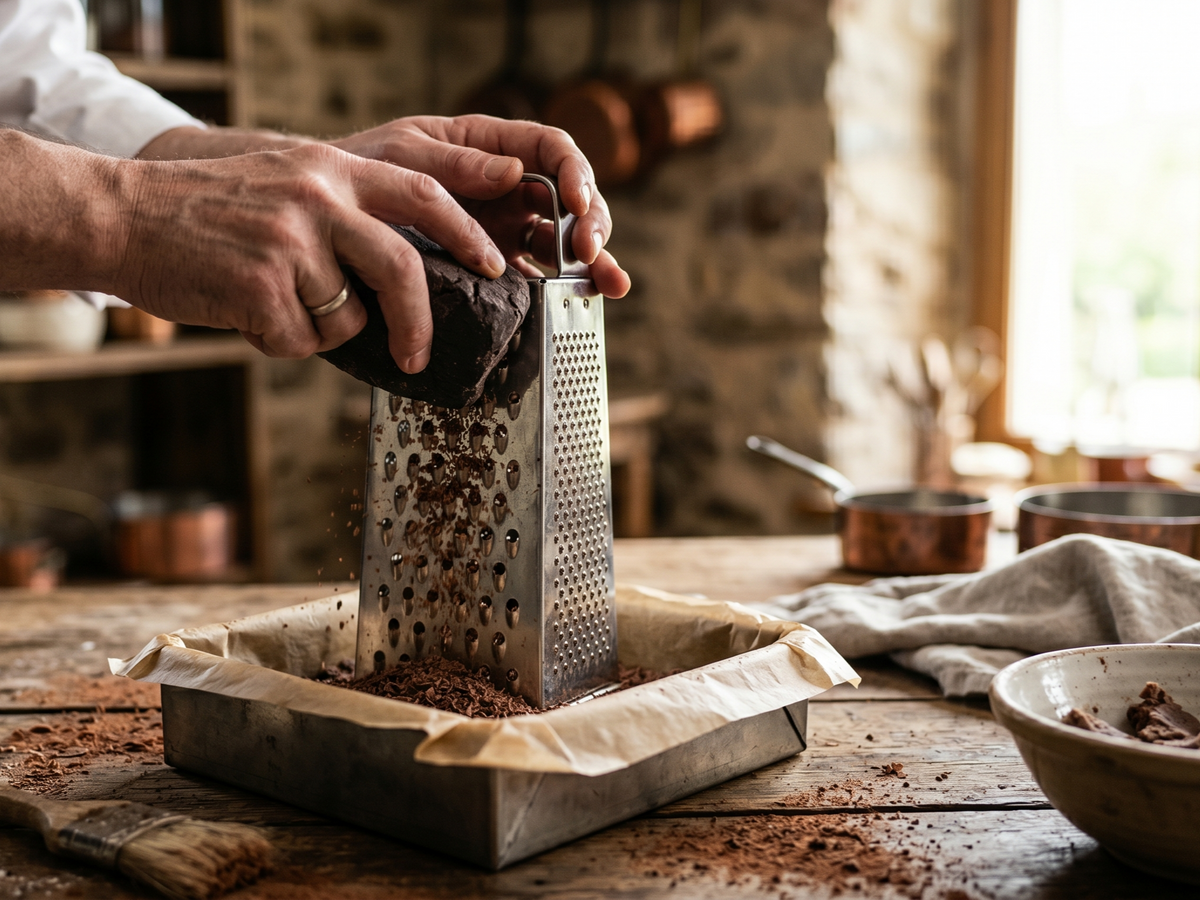 Person grating chocolate over a wooden surface with a rustic kitchen background