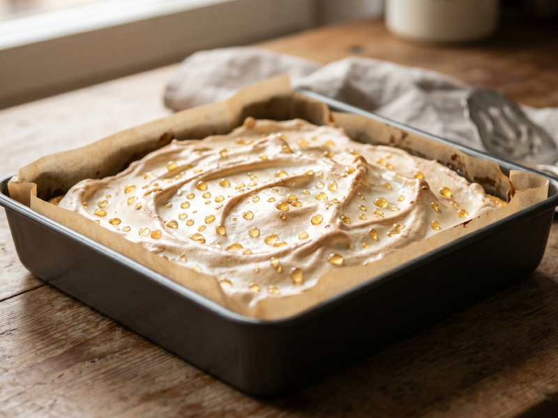 Baked dessert in a pan on a wooden surface