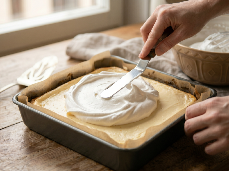 Person spreading whipped cream on a baked base with a spatula on a wooden table.