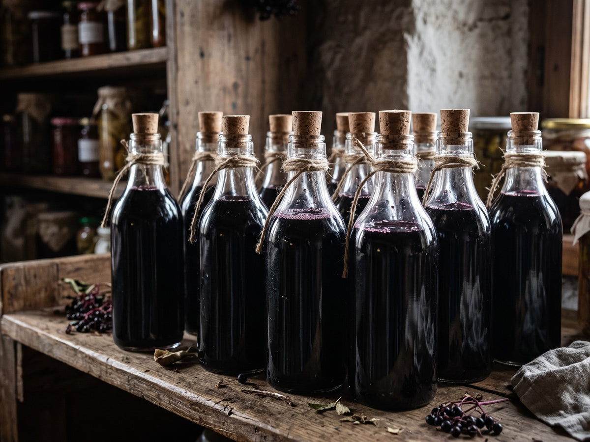 A large batch of corked glass bottles filled with dark purple Polish wild elderberry winter cordial, tied with rustic twine and arranged on a wooden table in a pantry setting.