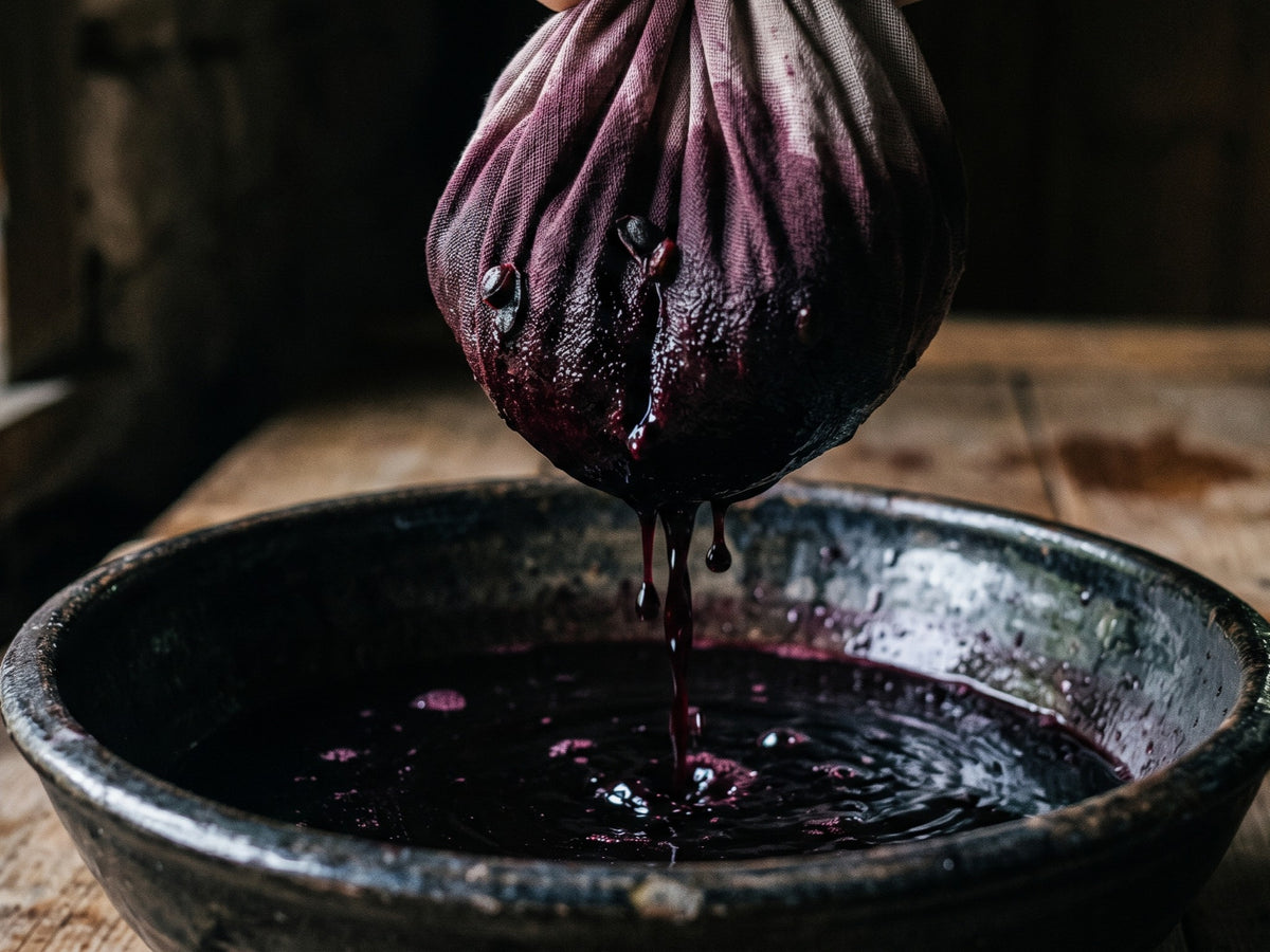 Dark purple cooked elderberries being squeezed through a rustic muslin cloth, dripping rich juice into a dark ceramic bowl to make winter cordial.