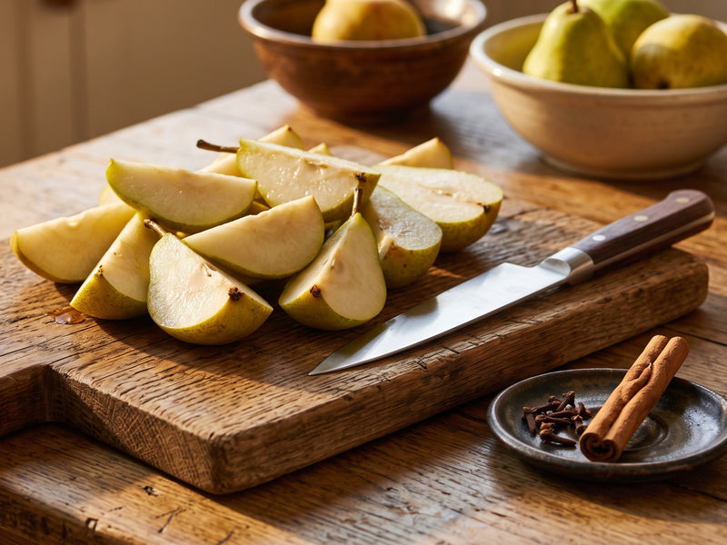 Fresh, unpeeled pear quarters arranged on a rustic wooden chopping board next to a chef's knife and a small dish of cloves and cinnamon.