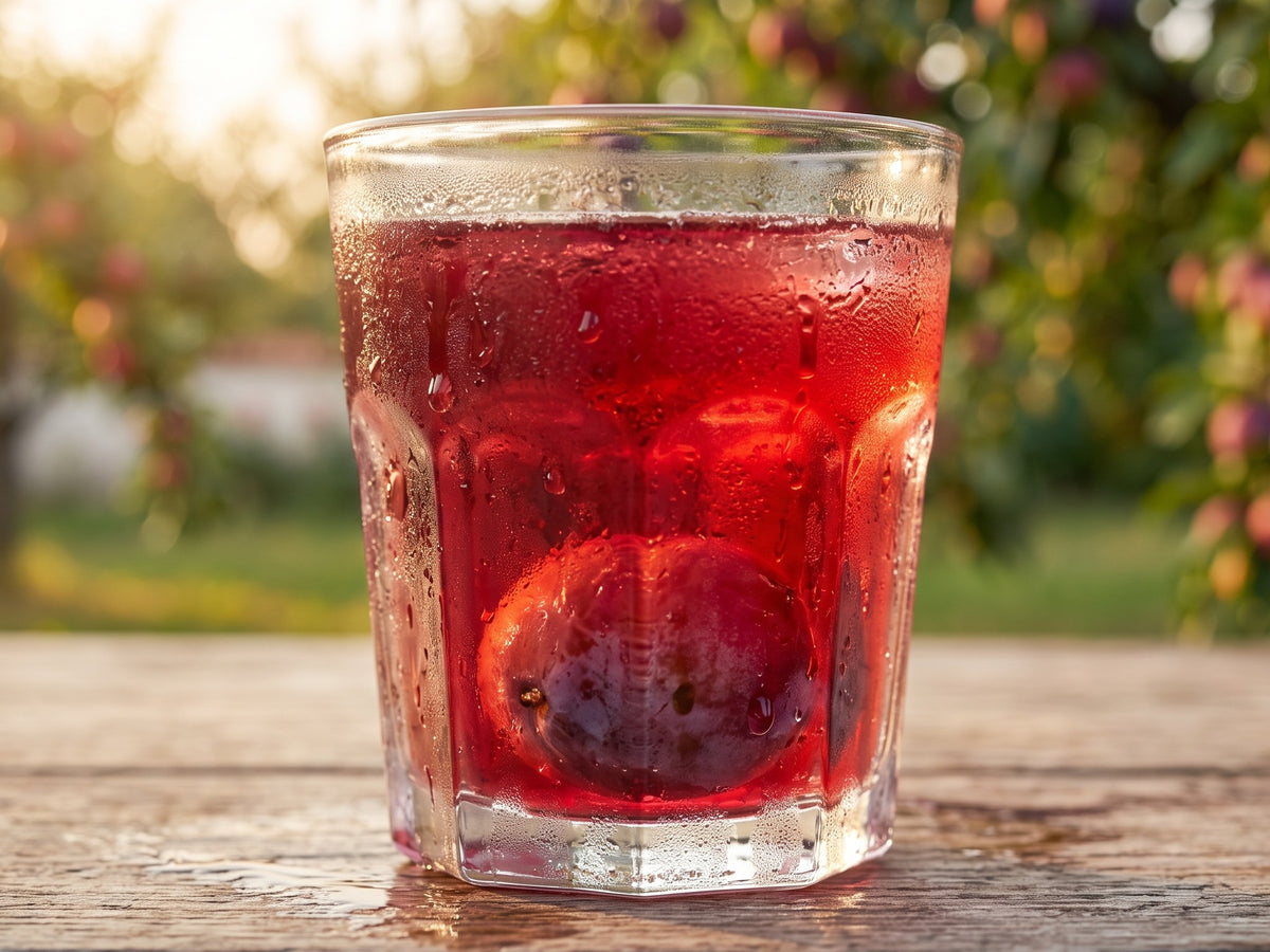 A close-up view of a chilled glass tumbler filled with deep red Polish plum kompot, containing a single steeped plum.