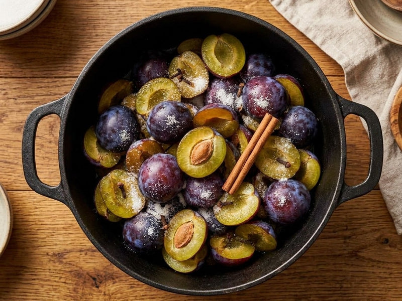 Halved and whole węgierki plums macerating with sugar, whole cloves, and a cinnamon stick inside a large dark pot.