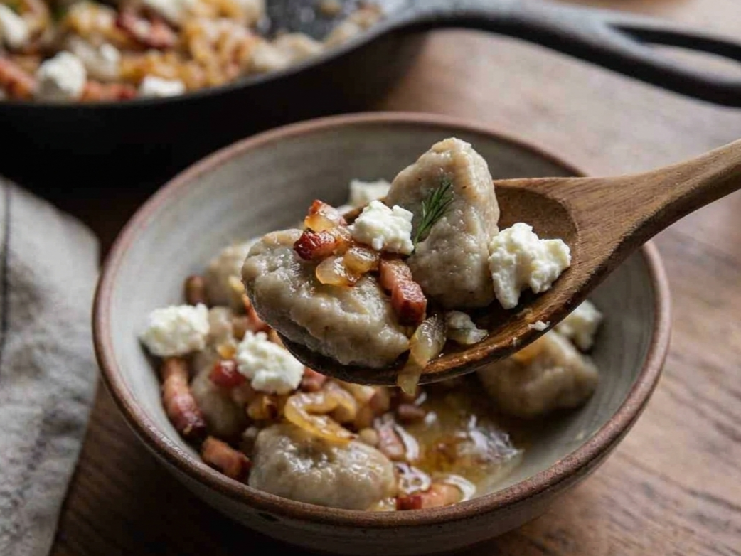 A close-up of a rustic ceramic bowl filled with creamy gnocchi pasta topped with crumbled cheese, caramelized onions, and bacon bits, with a wooden spoon lifting a portion. A cast iron skillet with more of the pasta is blurred in the background on a wooden table. | Cook & Keeper - Szare kluchy z twarogiem