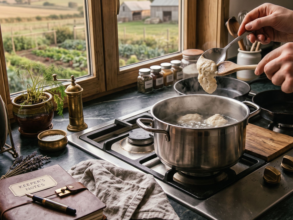 A stainless steel pot of dumplings or pasta boils on a gas stovetop in a rustic kitchen, with a person's hands lifting a dumpling with a spoon. A window behind the stove shows a garden view, and kitchen items like spices, a plant, and a notebook are visible. | Cook & Keeper - Szare kluchy z twarogiem