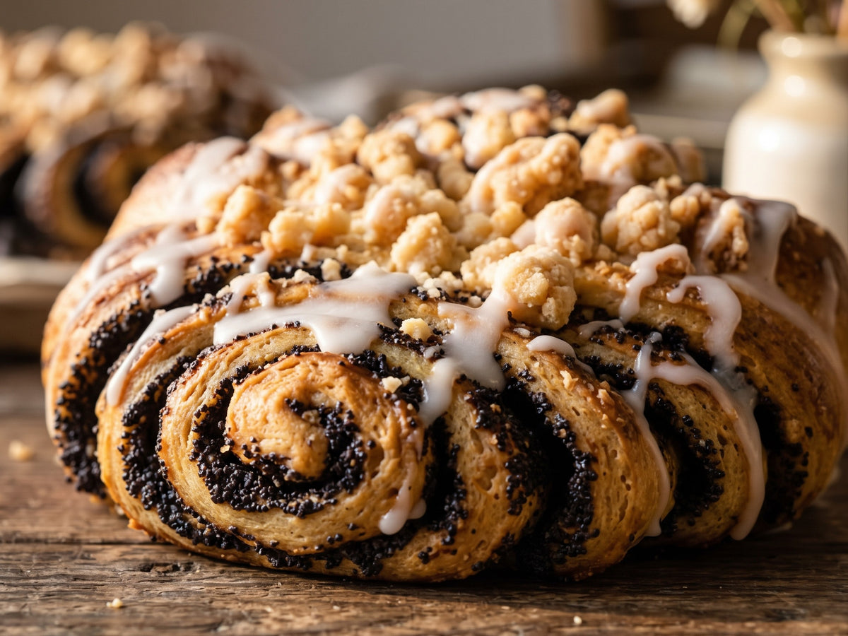 A close-up view of a baked Polish poppy seed bun, showing tight swirls of dark poppy seed filling, topped with golden buttery crumble and a thick drizzle of sweet white icing.