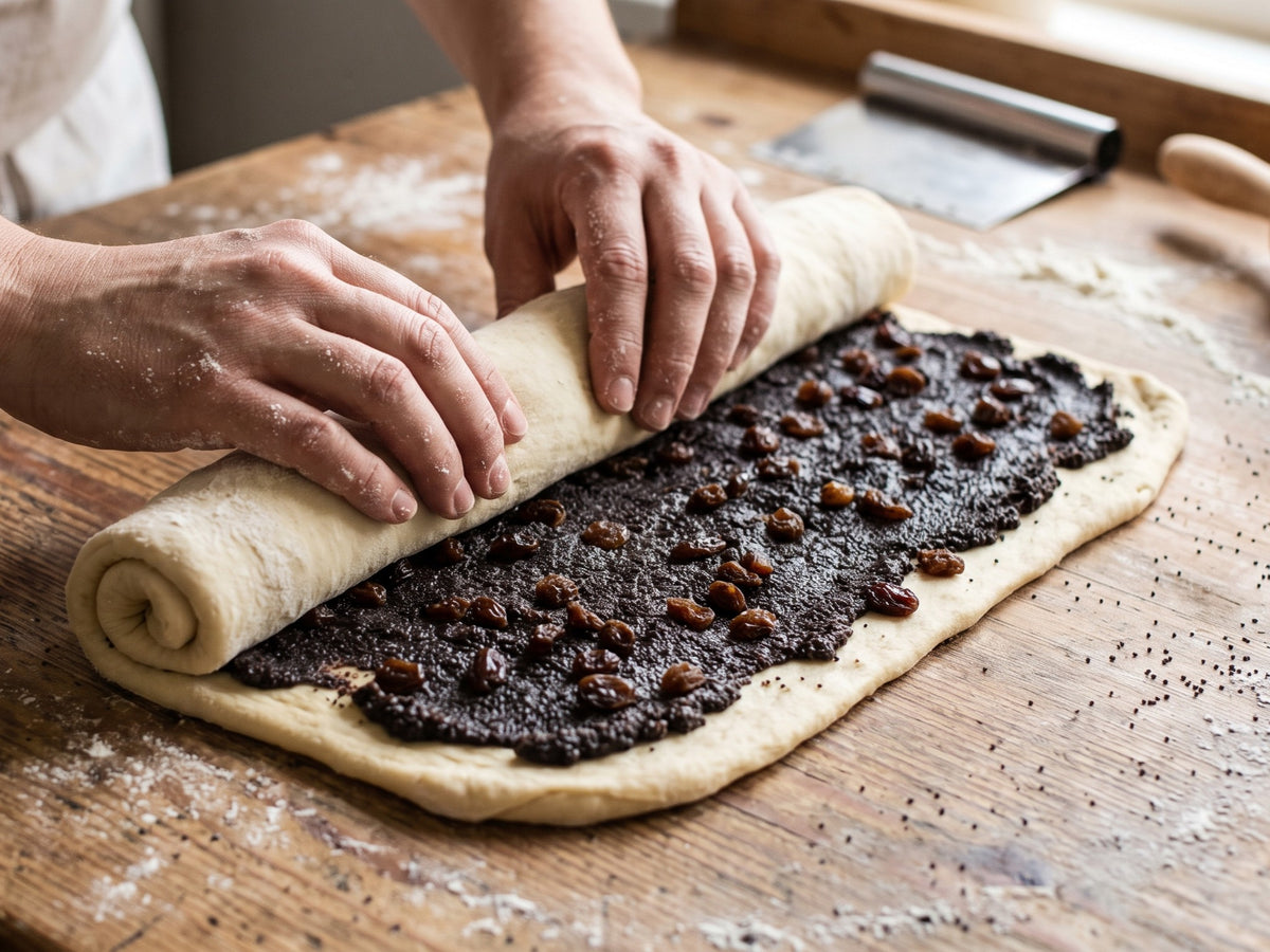 A pair of hands rolling up a sheet of soft yeast dough covered in a thick layer of dark poppy seed filling and scattered raisins on a flour-dusted wooden board to make Polish poppy seed buns.