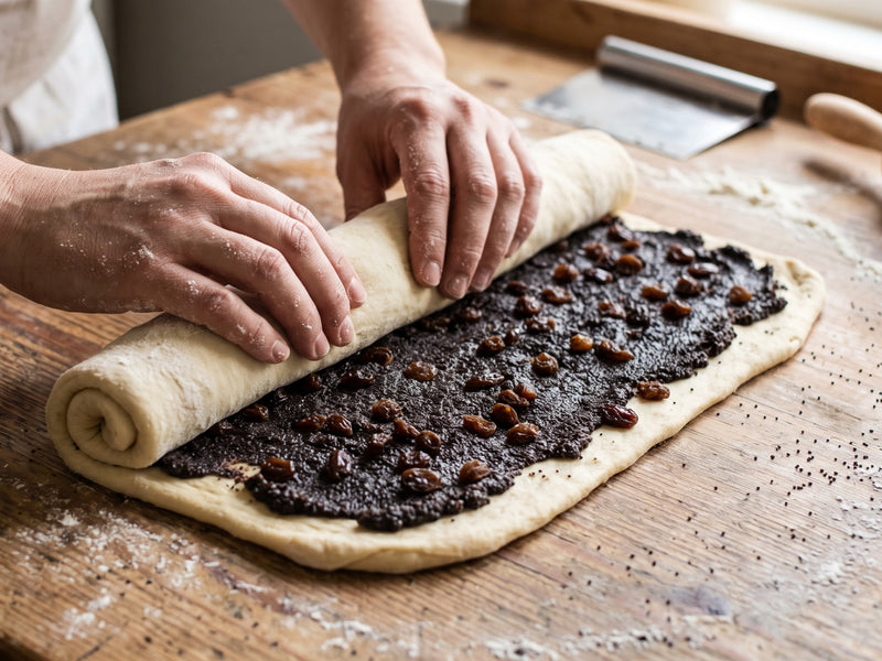 A pair of hands rolling up a sheet of soft yeast dough covered in a thick layer of dark poppy seed filling and scattered raisins on a flour-dusted wooden board to make Polish poppy seed buns.