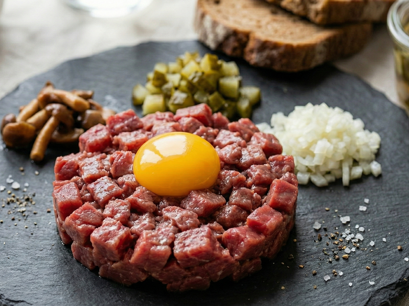 Raw beef tartare with an egg yolk on a black slate board with bread and pickles in the background. | Cook & Keeper - tatar wolowy