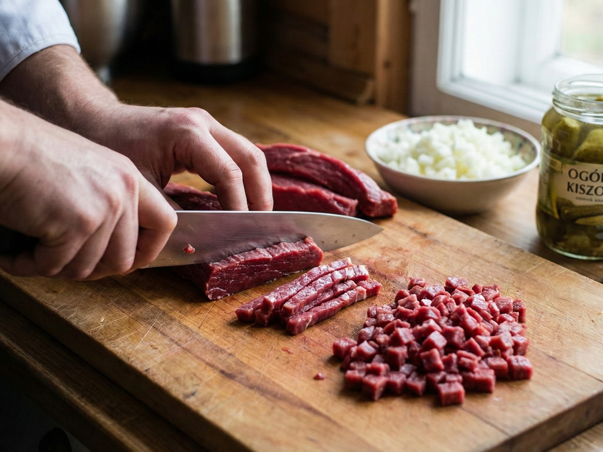 Person cutting raw meat on a wooden cutting board with chopped onions and pickles in the background. | Cook & Keeper - tatar wolowy