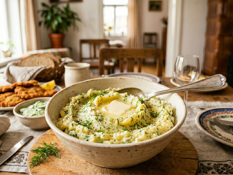 Bowl of mashed potatoes with a pat of butter on a dining table.