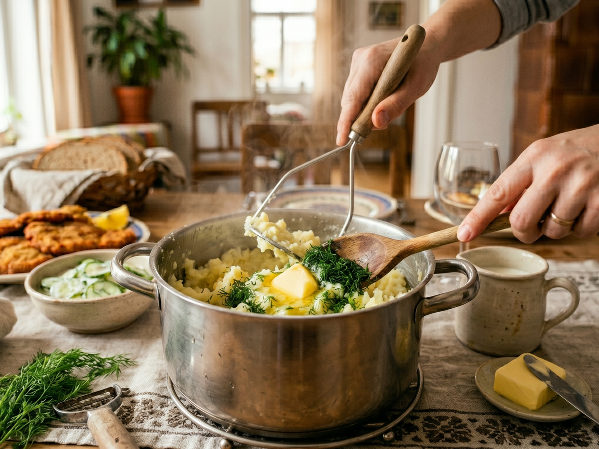 Person stirring a pot of mashed potatoes with a wooden spoon on a table with food and drinks.