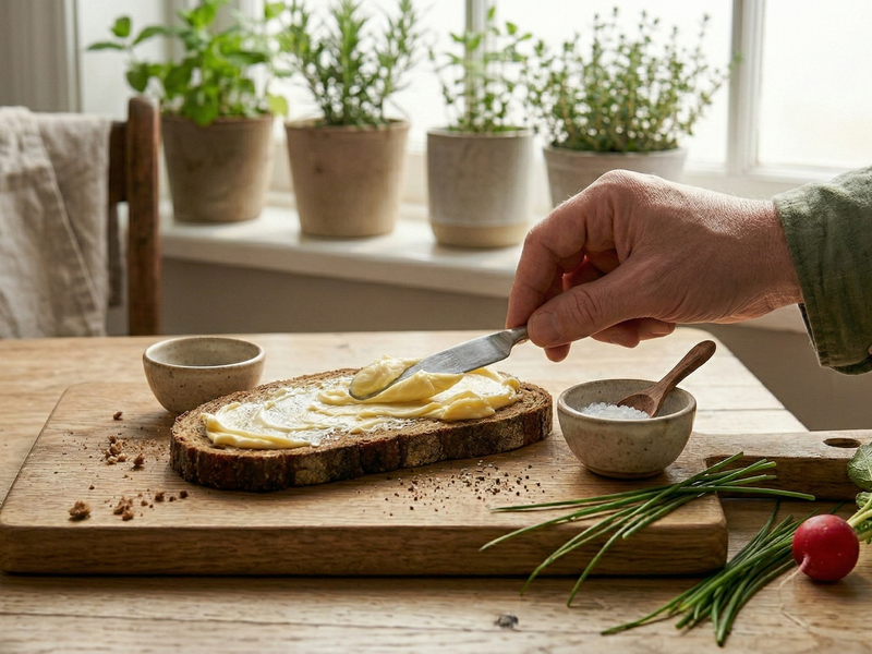 Person spreading butter on a slice of bread with a knife on a wooden cutting board, in a kitchen setting.