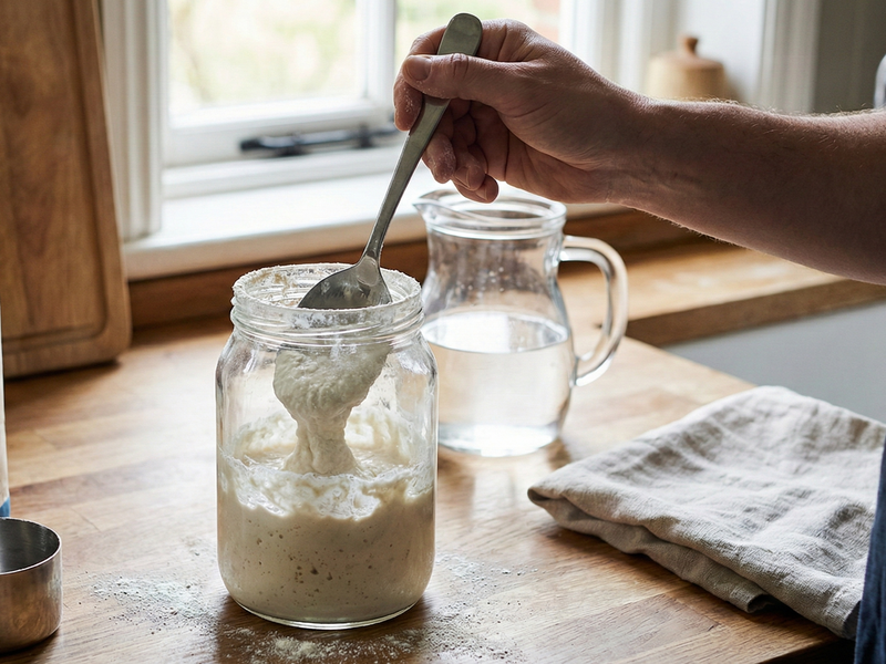 Person stirring a jar of dough starter with a spoon on a wooden table.  | Cook & Keeper - zakwas pszenny