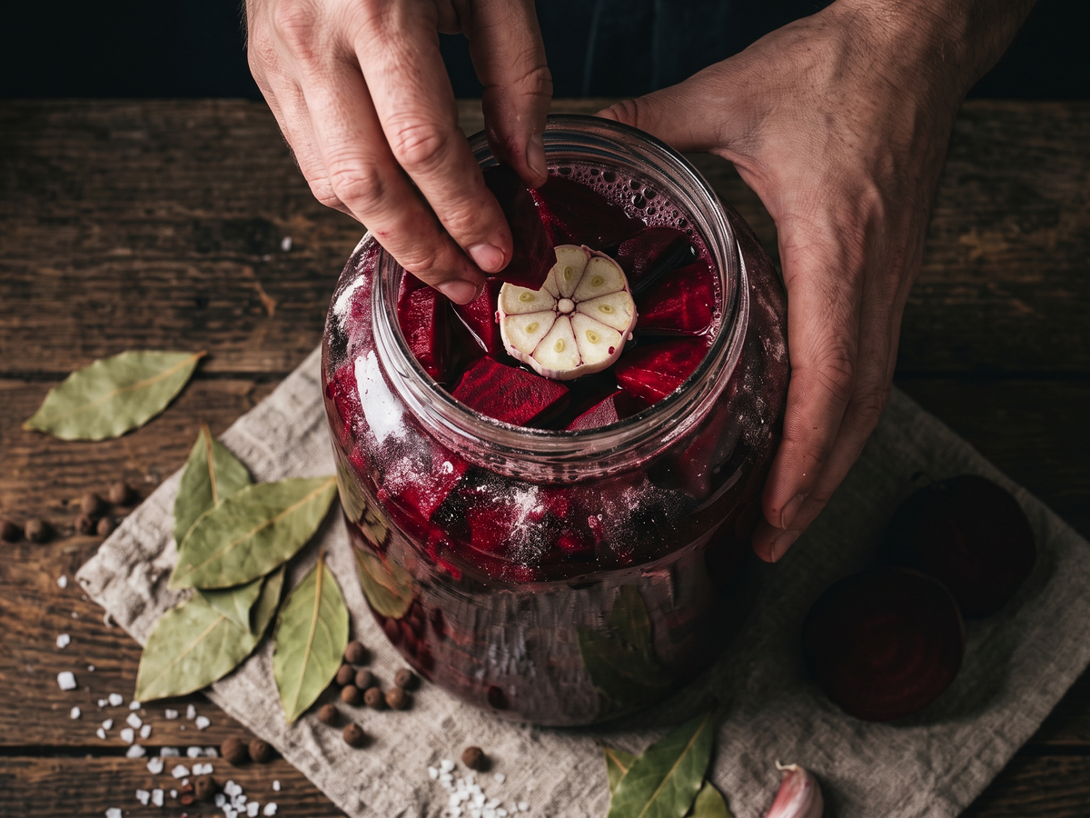 A clear glass jar filled with red beets and a sliced garlic bulb, held by a person's hands over a rustic wooden table with bay leaves and coarse salt nearby. | Cook & Keeper - zakwas z burakow