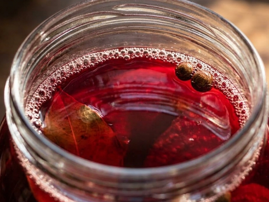 A close-up of a clear glass jar filled with a deep red liquid, with visible floating spices and foam on the surface. | Cook & Keeper - zakwas z burakow
