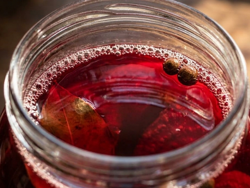 A close-up of a clear glass jar filled with a deep red liquid, with visible floating spices and foam on the surface. | Cook & Keeper - zakwas z burakow