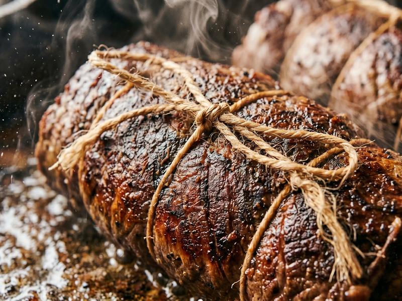 Roasted meat tied with twine on a dark background | Cook & Keeper - Zrazy Zawijane - Traditional Polish Stuffed Beef Roulades