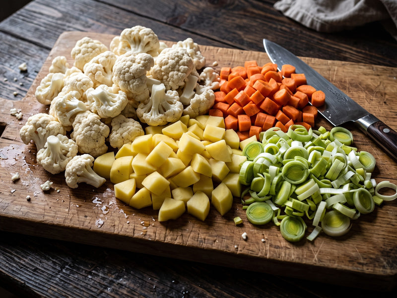 Fresh cauliflower florets, diced potatoes, carrots, and sliced leeks arranged on a rustic wooden chopping board next to a chef's knife for Polish cauliflower soup.
