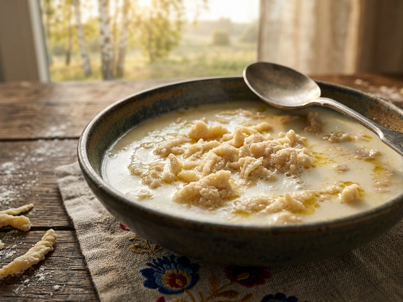 A close-up view of a bowl of traditional Polish milk soup with tender hand-rubbed egg noodles and pools of melted butter on a wooden surface.