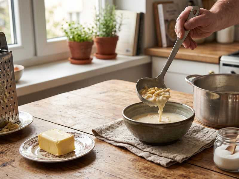 A home cook holding a ladle and serving creamy Polish milk soup with handmade noodles from a heavy saucepan into a ceramic bowl.