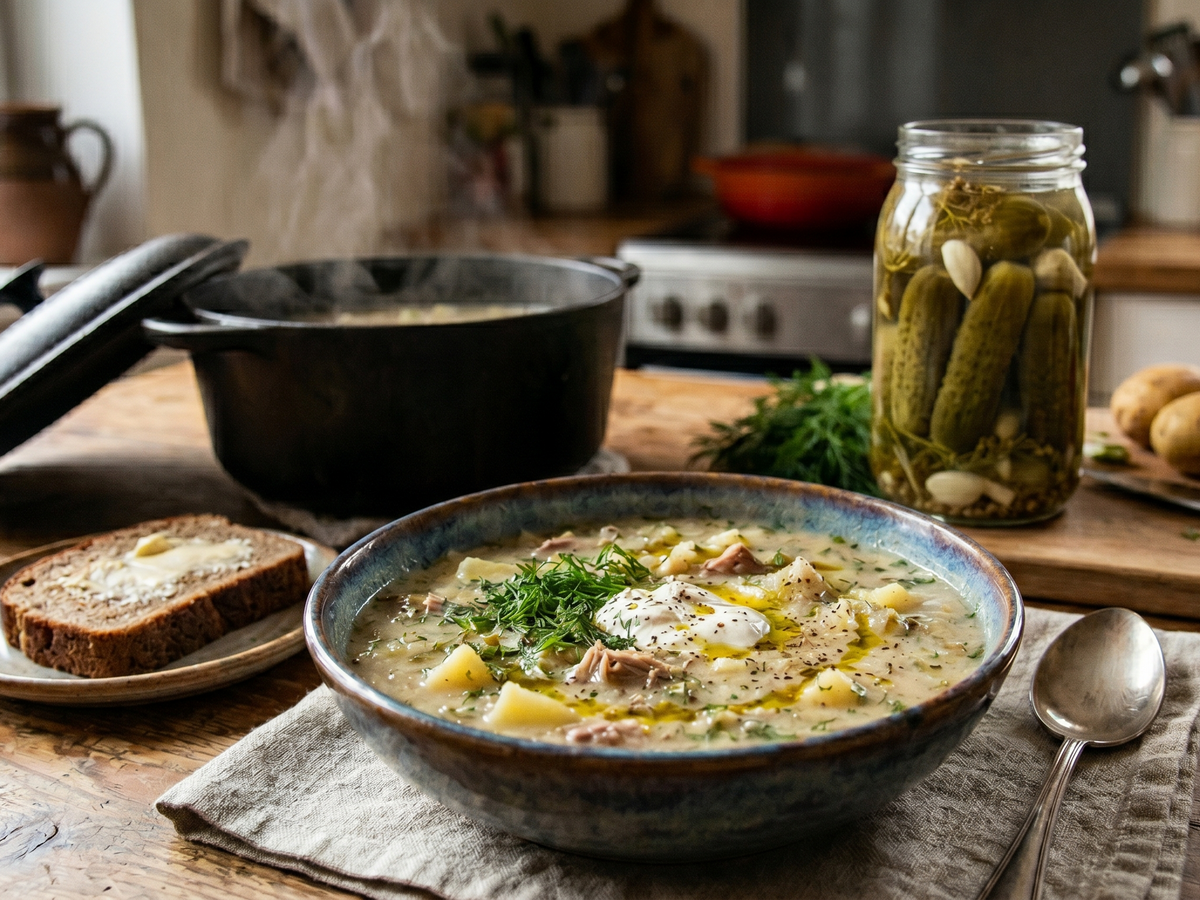 Bowl of soup on a kitchen counter with bread and pickles | Cook & Keeper - Zupa Ogórkowa - Traditional Polish Dill Pickle Soup