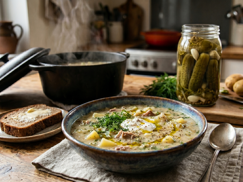 Bowl of soup on a kitchen counter with bread and pickles | Cook & Keeper - Zupa Ogórkowa - Traditional Polish Dill Pickle Soup