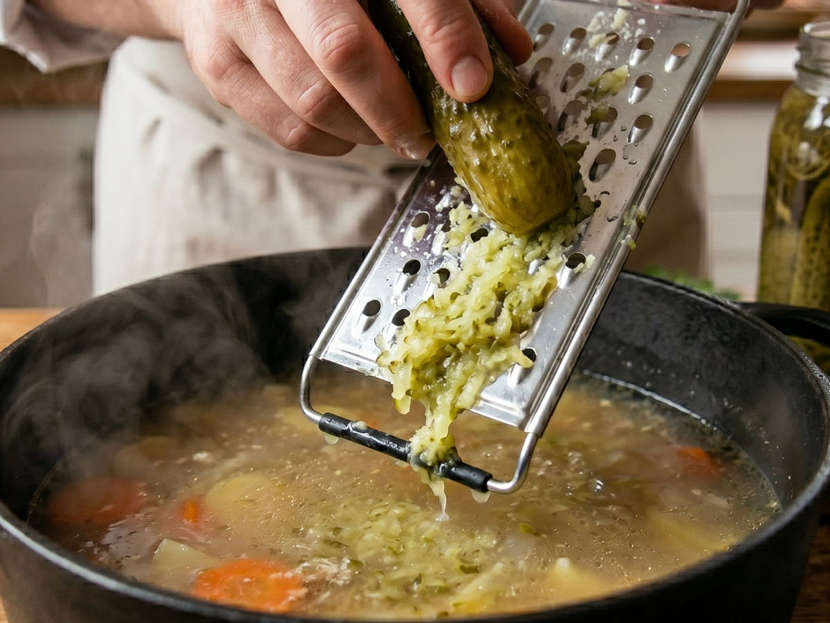 Person grating a pickle into a pot of soup | Cook & Keeper - Zupa Ogórkowa - Traditional Polish Dill Pickle Soup