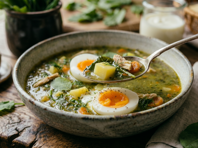 Hearty soup with eggs, potatoes, and greens in a rustic bowl on a wooden table. | Cook & Keeper - Zupa Szczawiowa - Traditional Polish Sorrel Soup