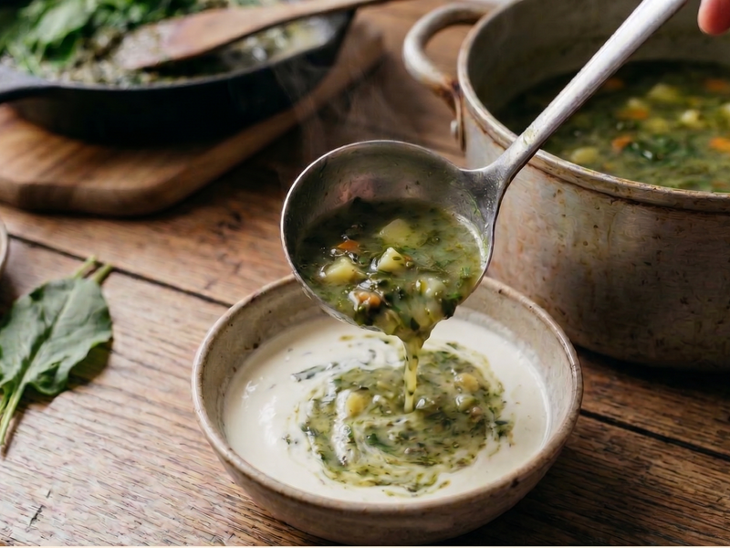 Spoon pouring soup into a bowl on a wooden table with a pot of soup in the background. | Cook & Keeper - Zupa Szczawiowa - Traditional Polish Sorrel Soup