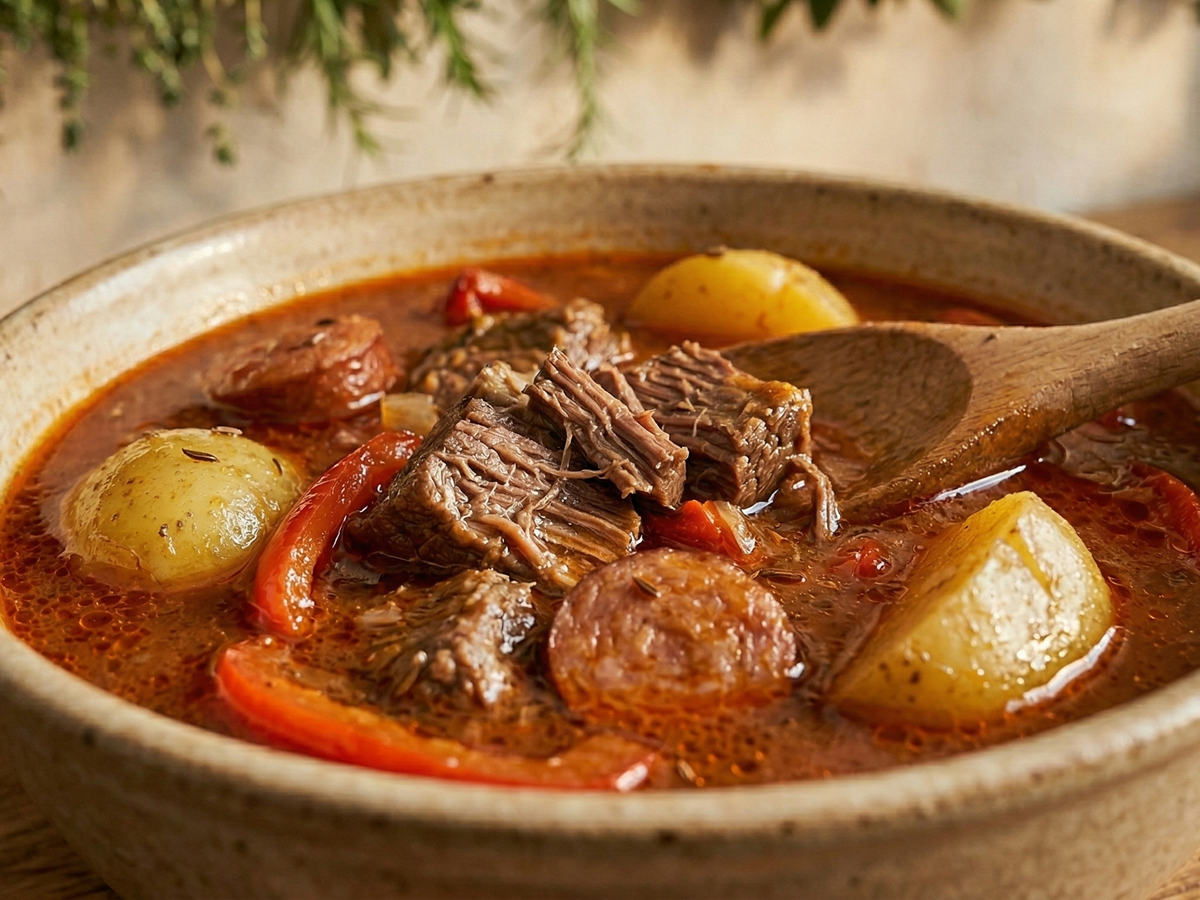 Beef stew with potatoes and tomatoes in a bowl with a wooden spoon. | Cook & Keeper - zupa gulazowa