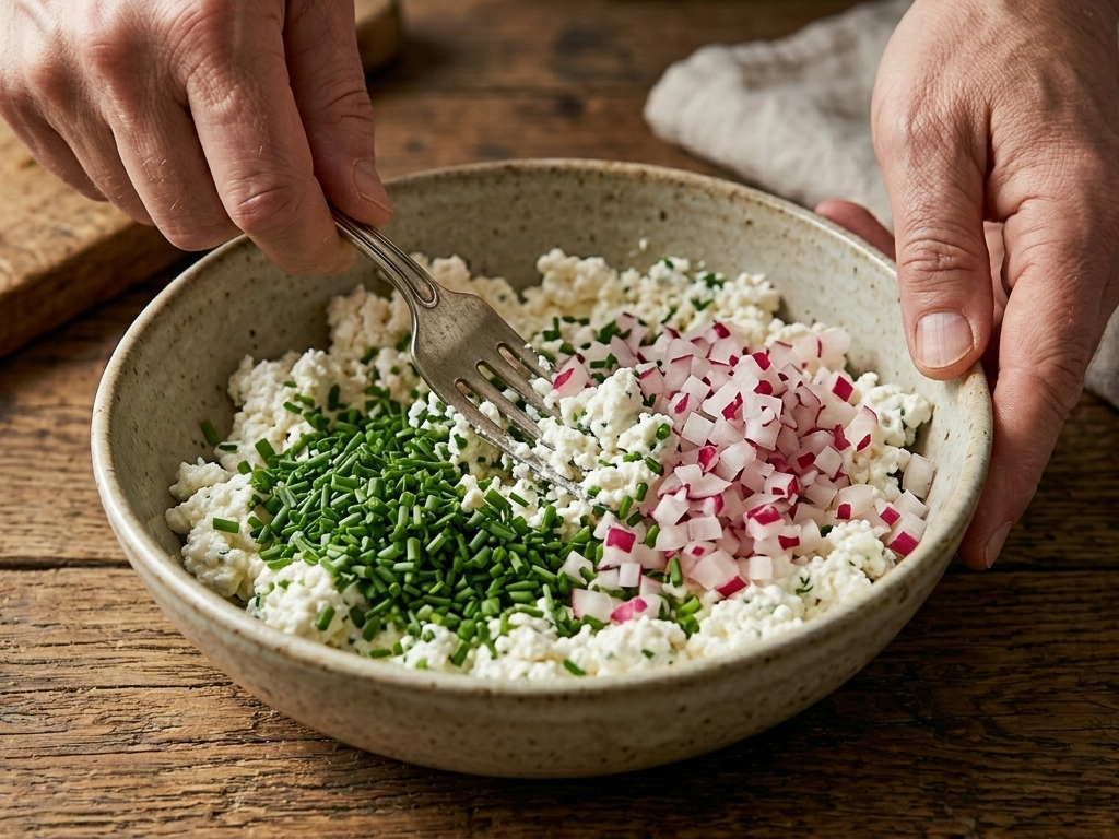 Person mixing ingredients in a bowl on a wooden surface | Cook & Keeper - Kanapki z gzikiem