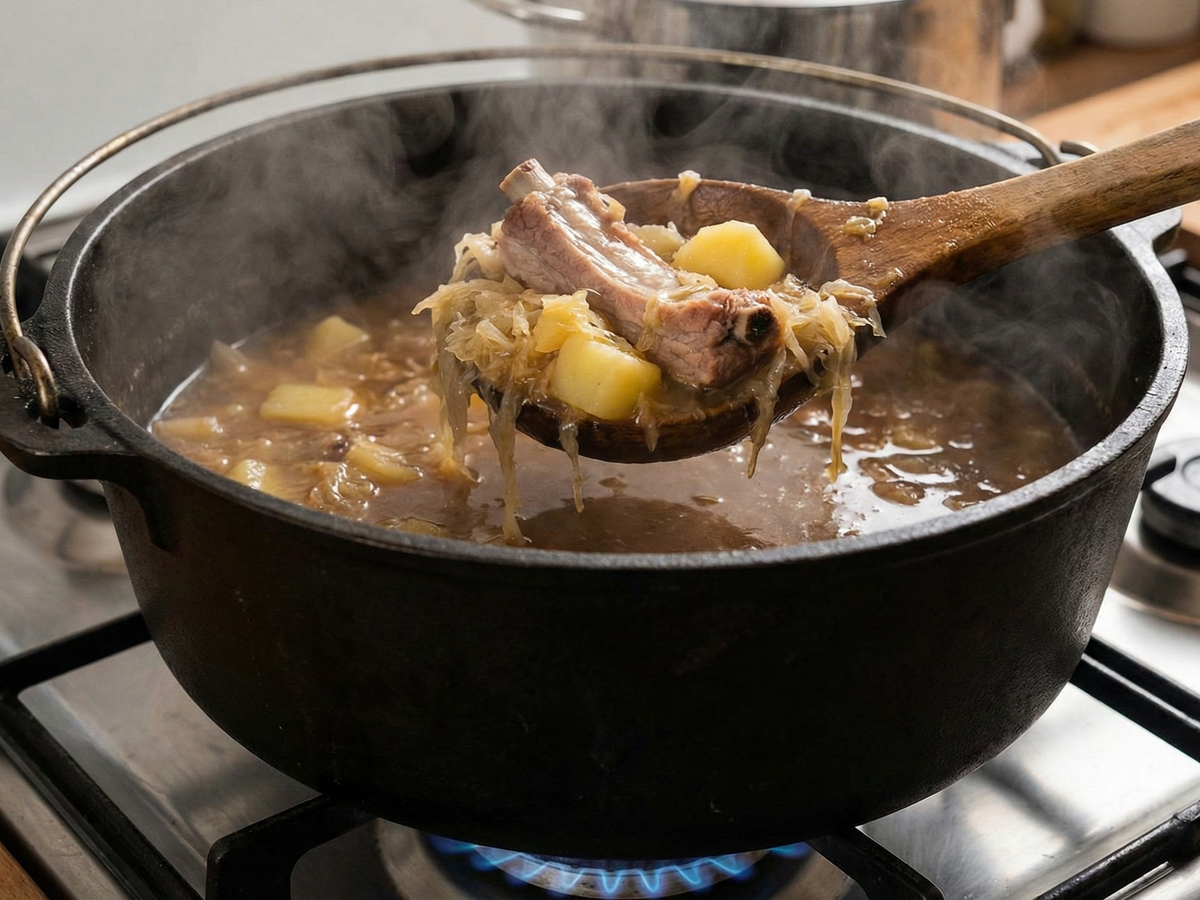 Spoon lifting meat and vegetables from a pot of boiling soup on a stove. | Cook & Keeper - kapusniak