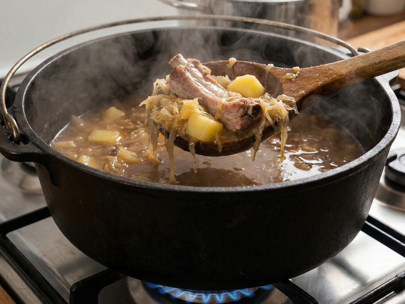 Spoon lifting meat and vegetables from a pot of boiling soup on a stove. | Cook & Keeper - kapusniak