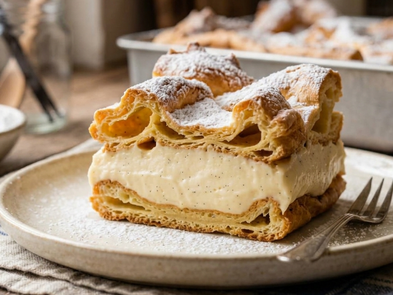 Slice of layered dessert on a plate with a fork, blurred background | Cook & Keeper - Karpatka - Traditional Polish Carpathian Cream Cake