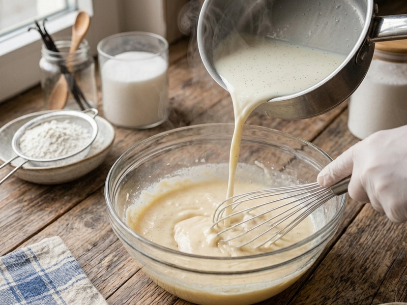 Person pouring liquid into a bowl with a whisk on a wooden table. | Cook & Keeper - Karpatka - Traditional Polish Carpathian Cream Cake