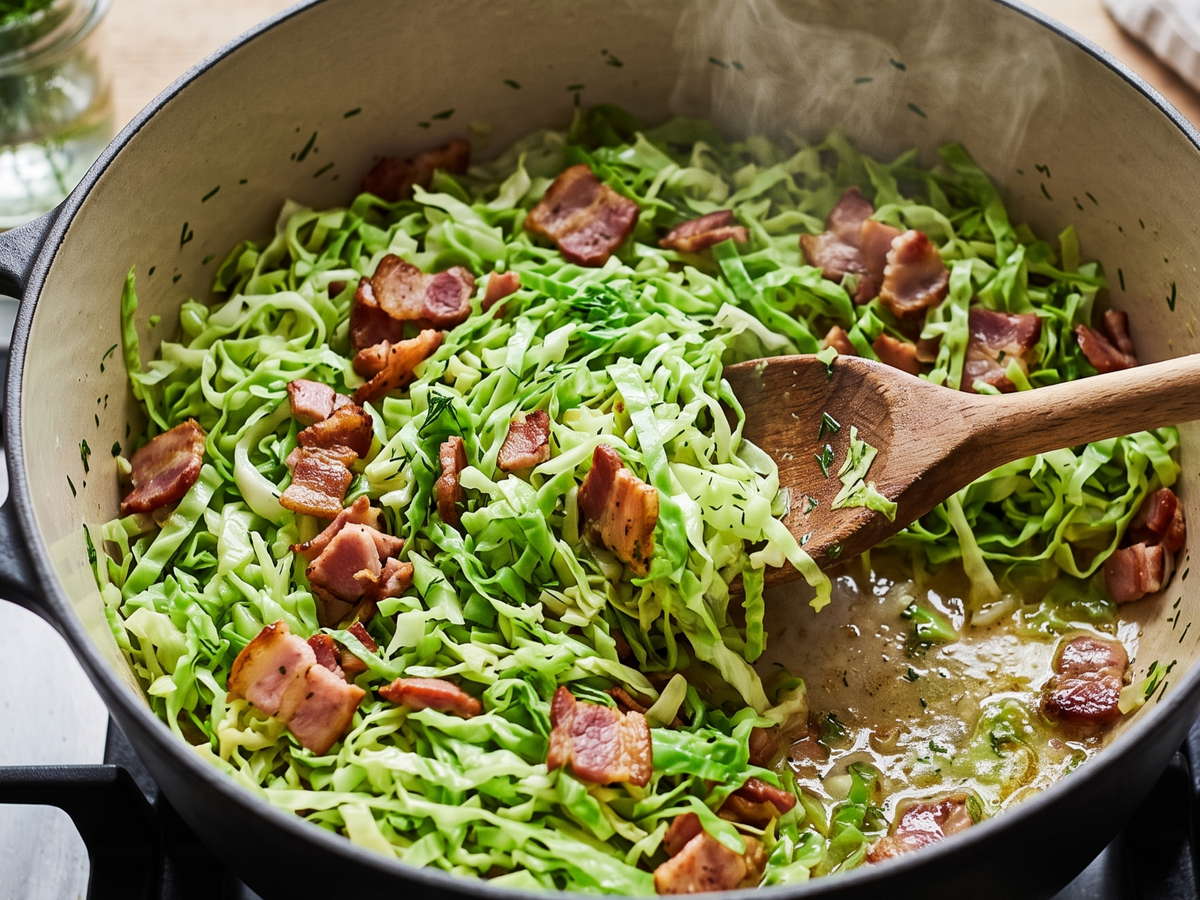 Shredded green cabbage sautéed in a dark cast iron pot with crispy brown bacon pieces and a wooden spoon, with steam rising from the top. | Cook & Keeper - Mloda Kapusta