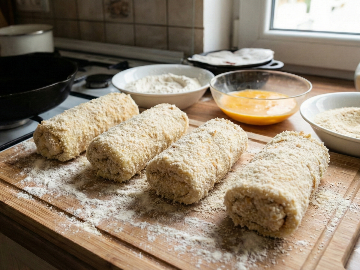 Rolled krokiety on a wooden board with flour and other ingredients in a kitchen setting. | Cook & Keeper - Krokiety